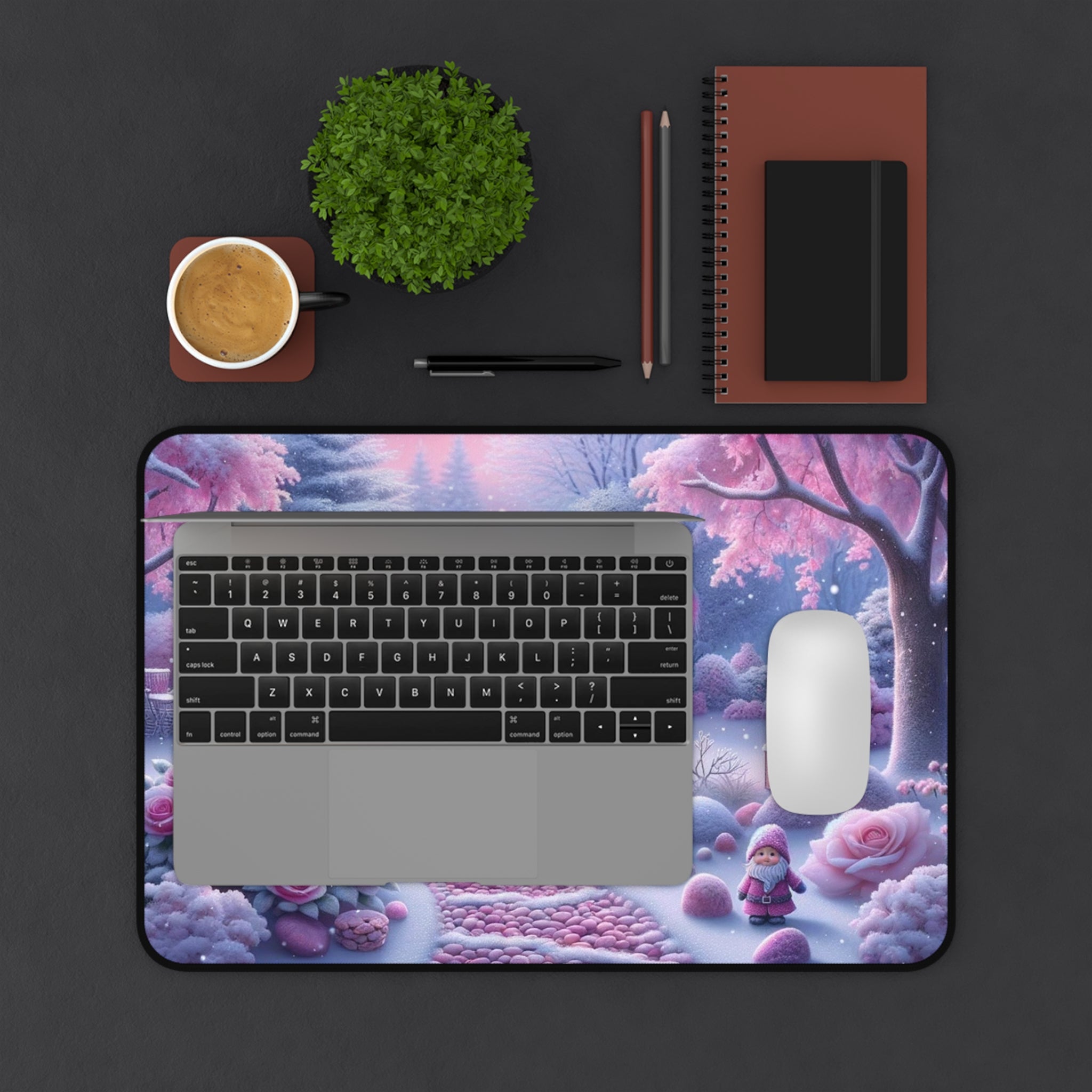 Snowy Pink Garden Desk Mat