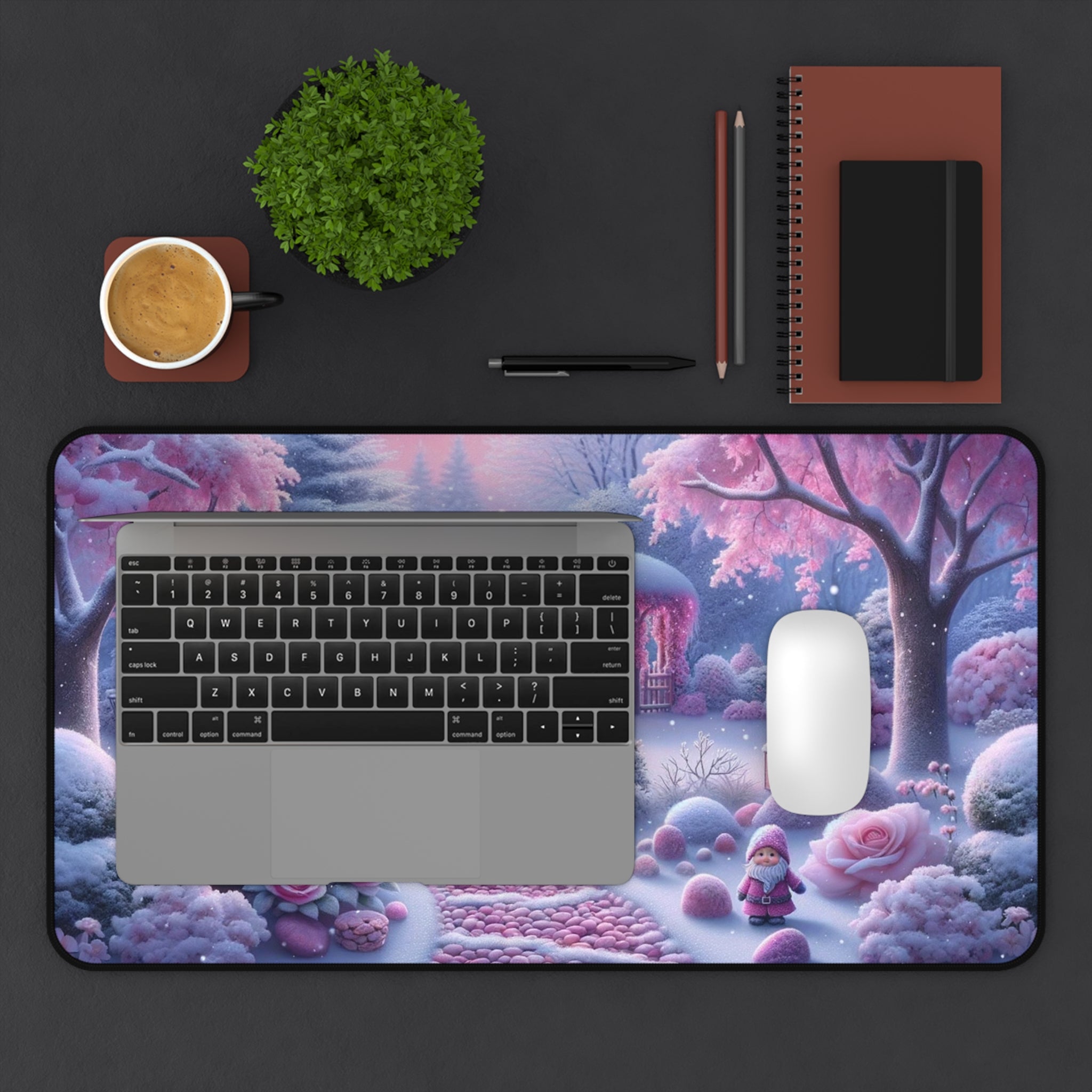 Snowy Pink Garden Desk Mat