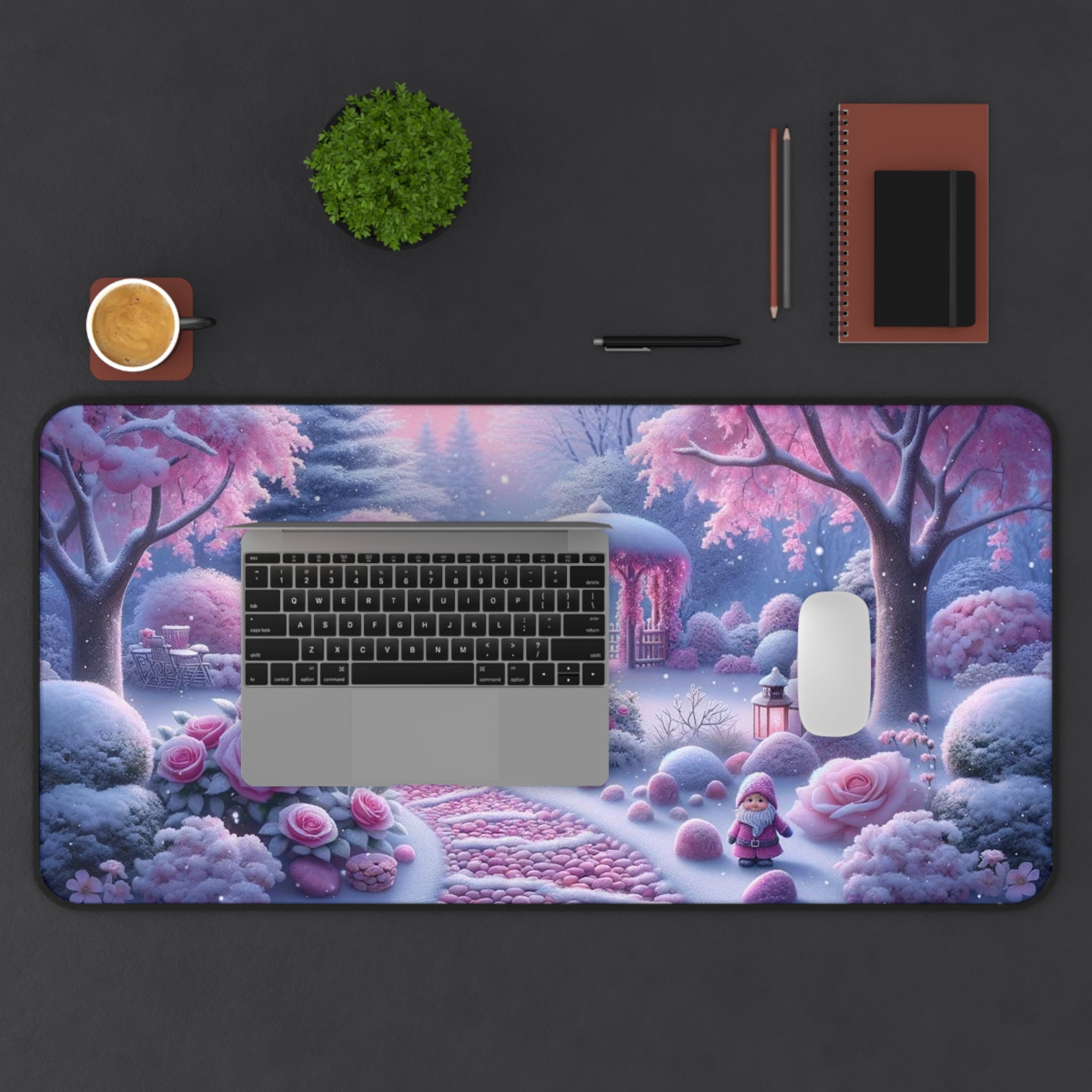 Snowy Pink Garden Desk Mat